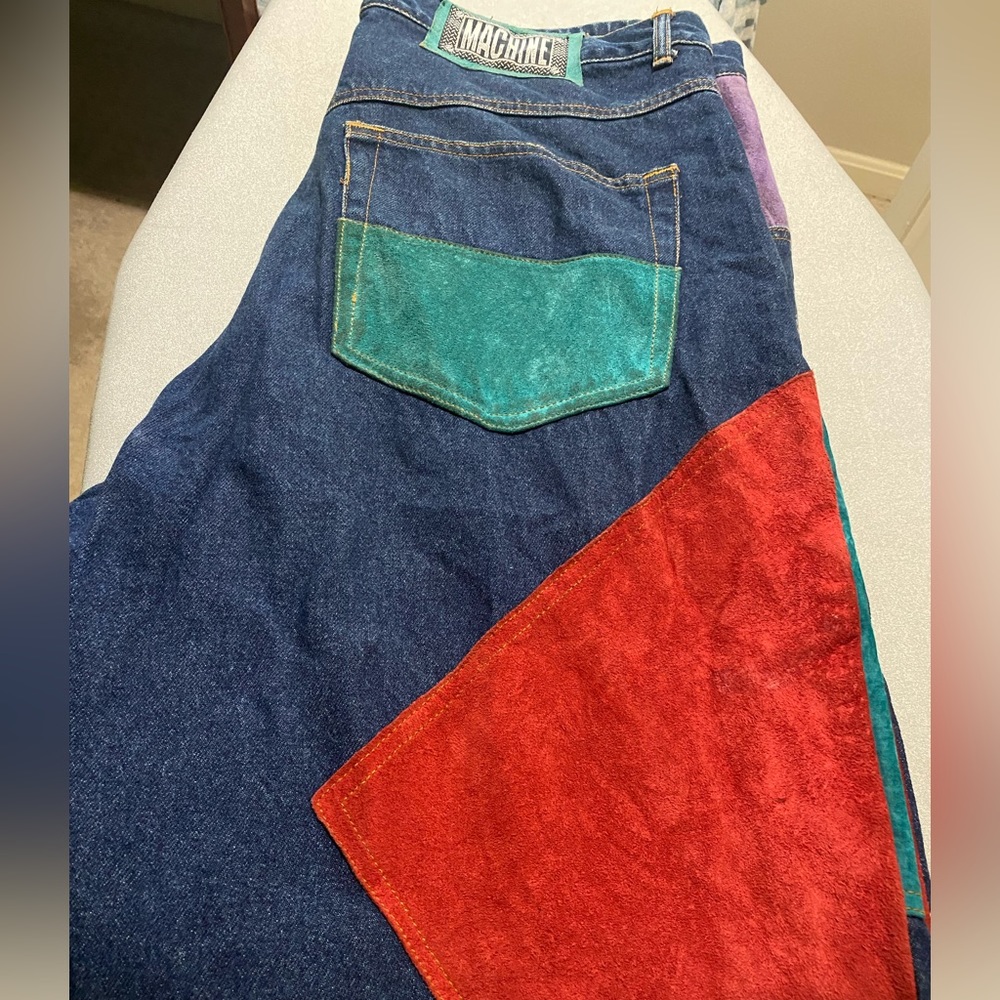 RARE VINTAGE MACHINE COLOR BLOCK SUEDE HIP-HOP JEANS 80’s /90’s WAIST 40 L 34